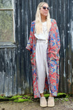 Red and teal long silky floral kimono