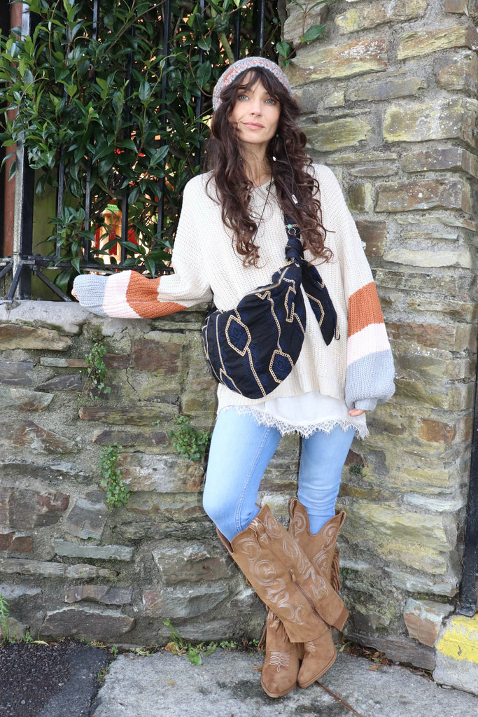 Embroidered navy cross body bag