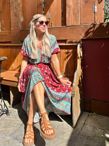 Red floral midi dress