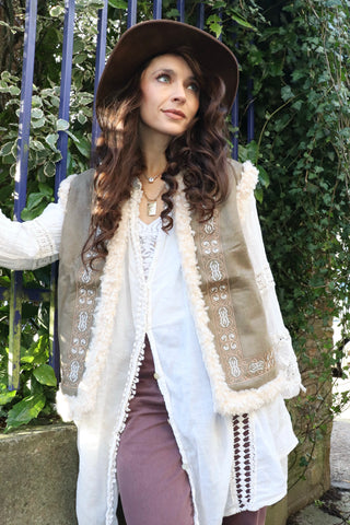 Embroidered shearling lined gilet