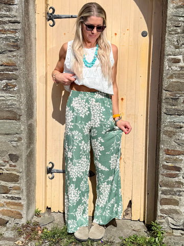 Floral printed sage trousers