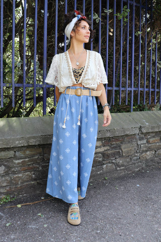 Diamond printed cropped trousers(Blue)