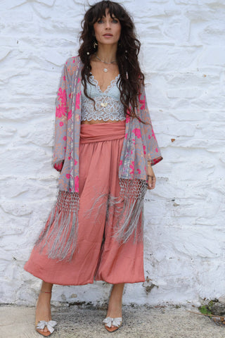 Pink floral silk fringe kimono