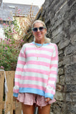 Pink stripe jumper with blue trim