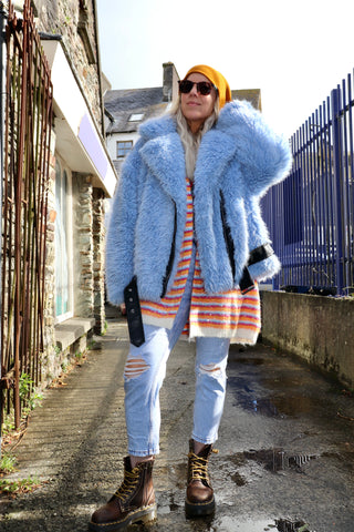 Fluffy periwinkle biker jacket