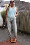 Lace end light blue tank top