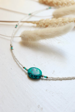 Turquoise stone and white beaded necklace