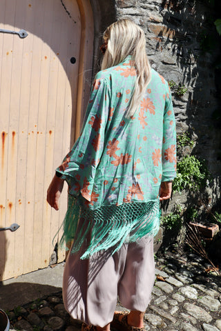 Mint fringed kimono
