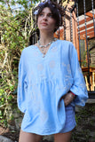 Blue floral embroidered blouse