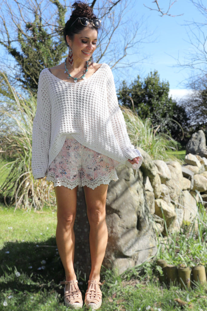Floral crochet trim shorts